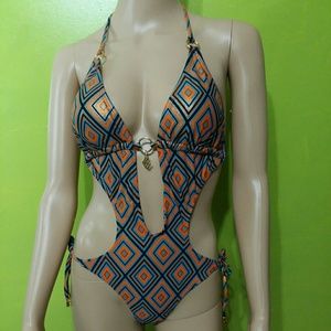 Rocawear Orange and Blue Geometric One Piece Swimsuit